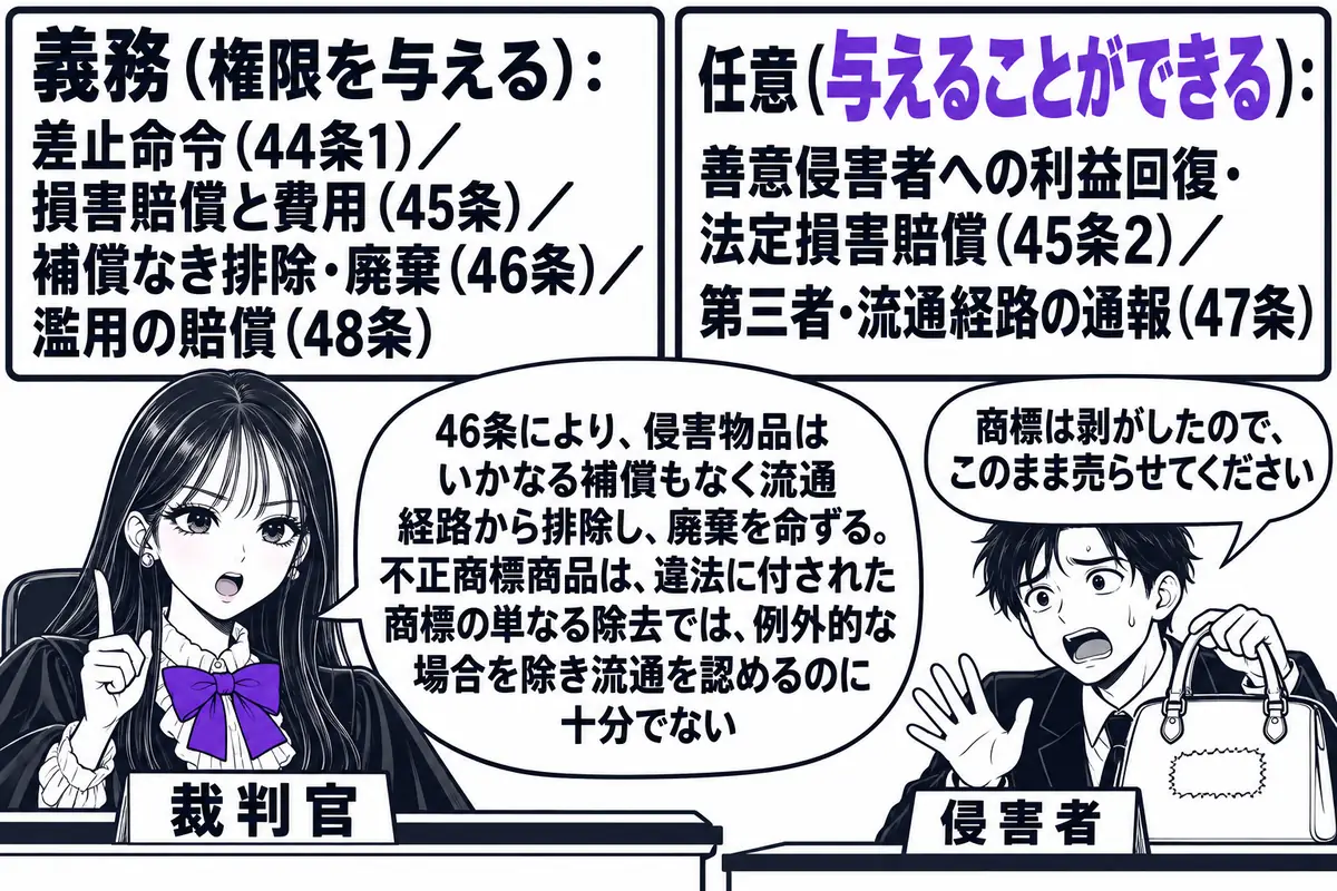 裁判所の法廷の場面。先生が裁判官役（札「裁判官」）で法壇に座り、左右に二つの札を立てている。左の札「義務（権限を与える）：差止命令（44条1）／損害賠償と費用（45条）／補償なき排除・廃棄（46条）／濫用の賠償（48条）」、右の札「任意（与