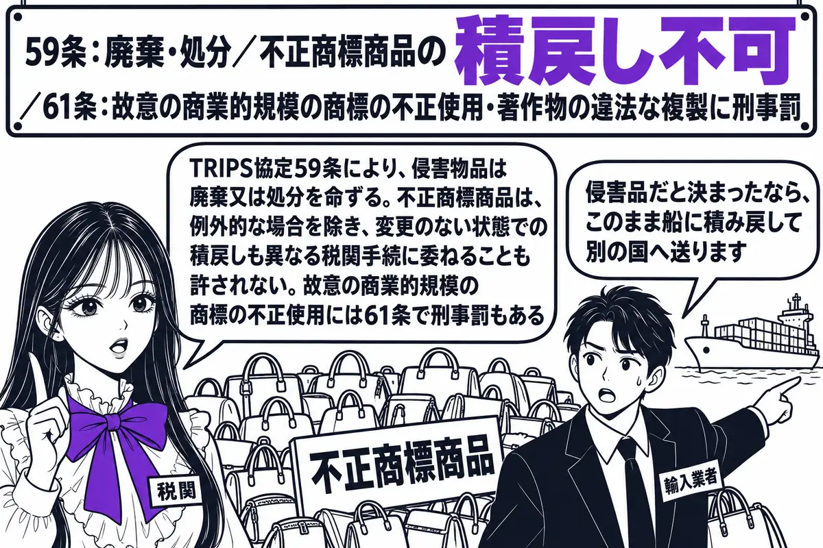 税関の保税倉庫の場面。先生が税関職員役（札「税関」）で、「不正商標商品」と札の付いた偽ブランドのかばんの山の前に立つ。輸入業者の男性（札「輸入業者」）が船を指さし、吹き出し「侵害品だと決まったなら、このまま船に積み戻して別の国へ送ります」。