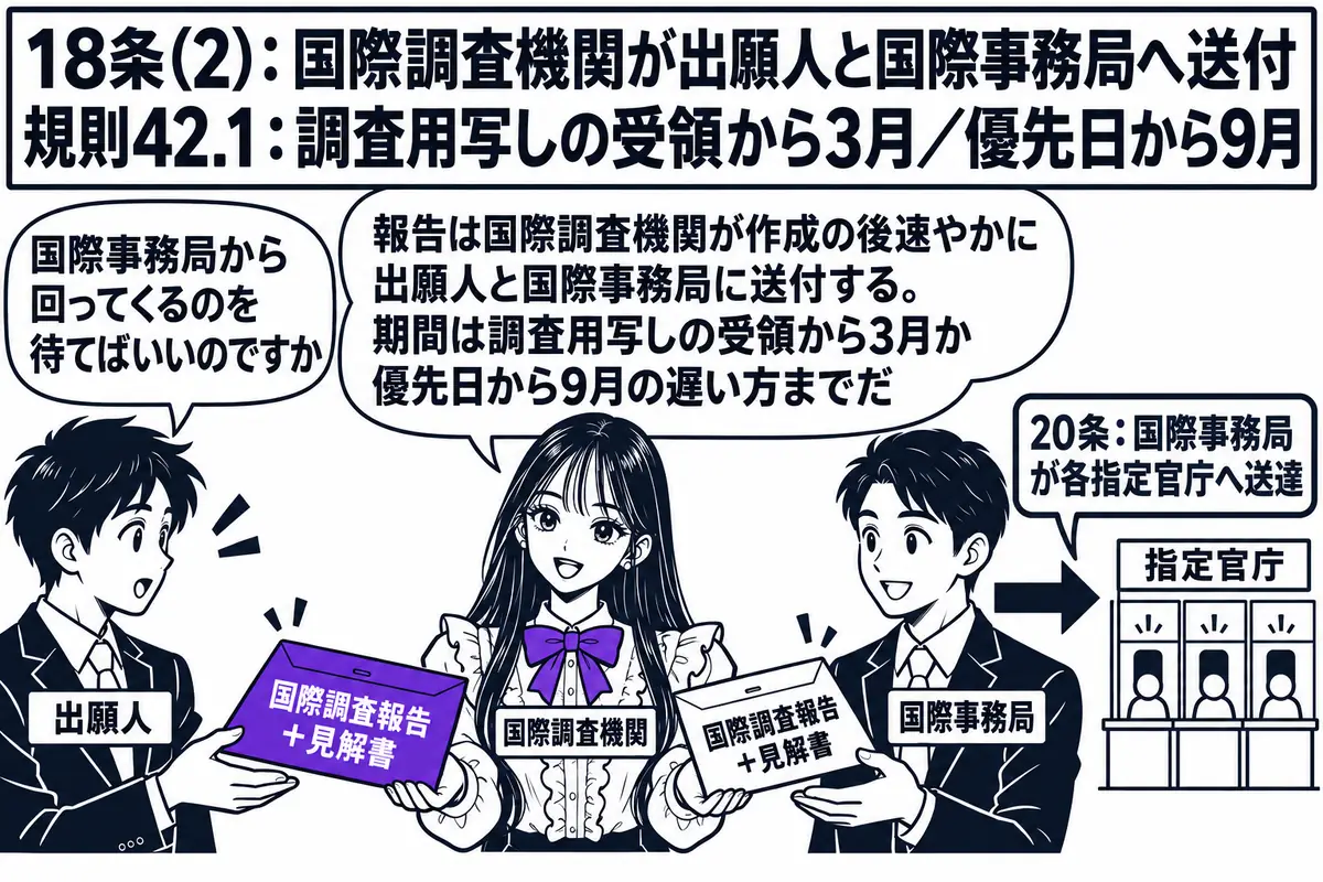 三人が並ぶ送付の場面。中央に先生が国際調査機関の審査官役（札「国際調査機関」）で立ち、両手に「国際調査報告＋見解書」と書かれた同じ封筒を二通持ち、左の出願人の男性（札「出願人」）と右の国際事務局の職員の男性（札「国際事務局」）に同時に差し出