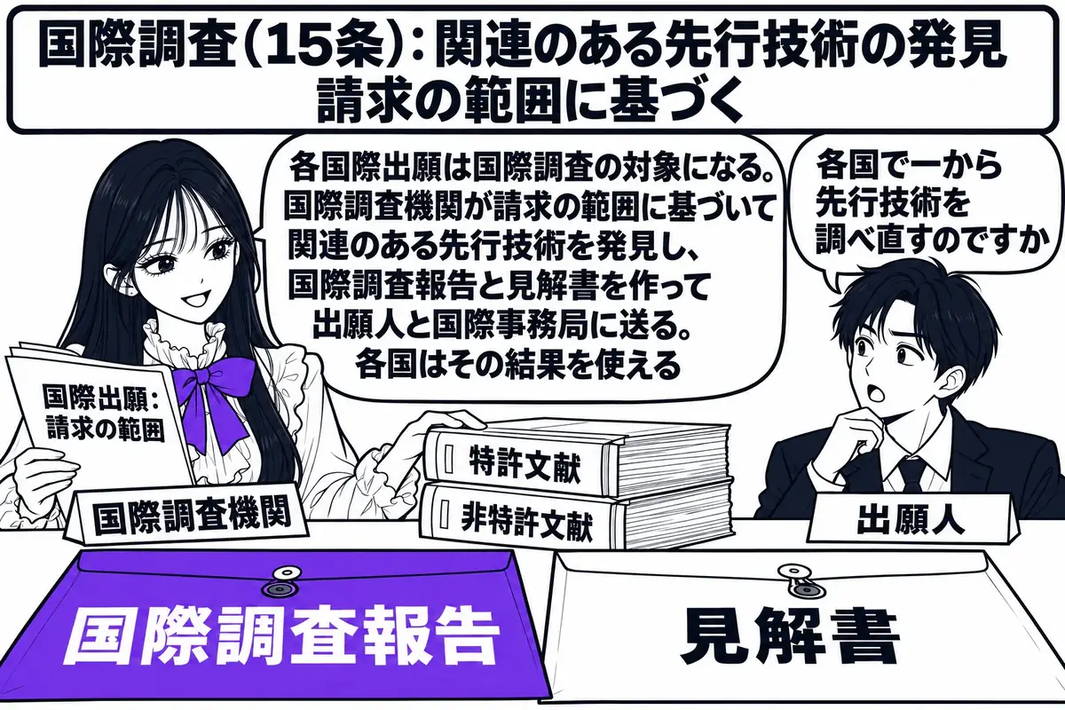 国際調査機関としての特許庁の調査室の場面。先生が国際調査機関の審査官役（札「国際調査機関」）で机に座り、「国際出願：請求の範囲」と書かれた書類を左に、机の上に積んだ「特許文献」「非特許文献」と背表紙に書かれた資料の束を右に置いて見比べている