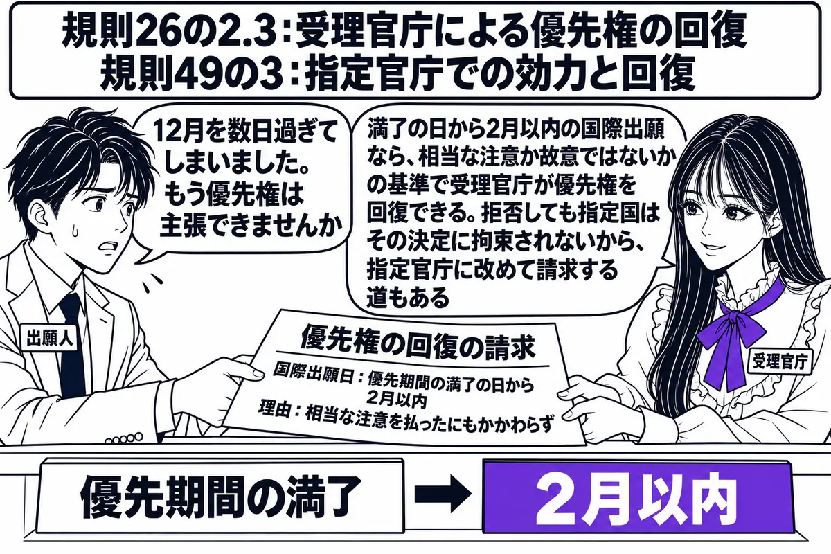 特許庁の受理官庁の窓口の場面。先生が受理官庁の職員役（札「受理官庁」）でカウンターの内側に座り、「優先権の回復の請求」と書かれた書面を受け取っている。書面に「国際出願日：優先期間の満了の日から2月以内　理由：相当な注意を払ったにもかかわらず