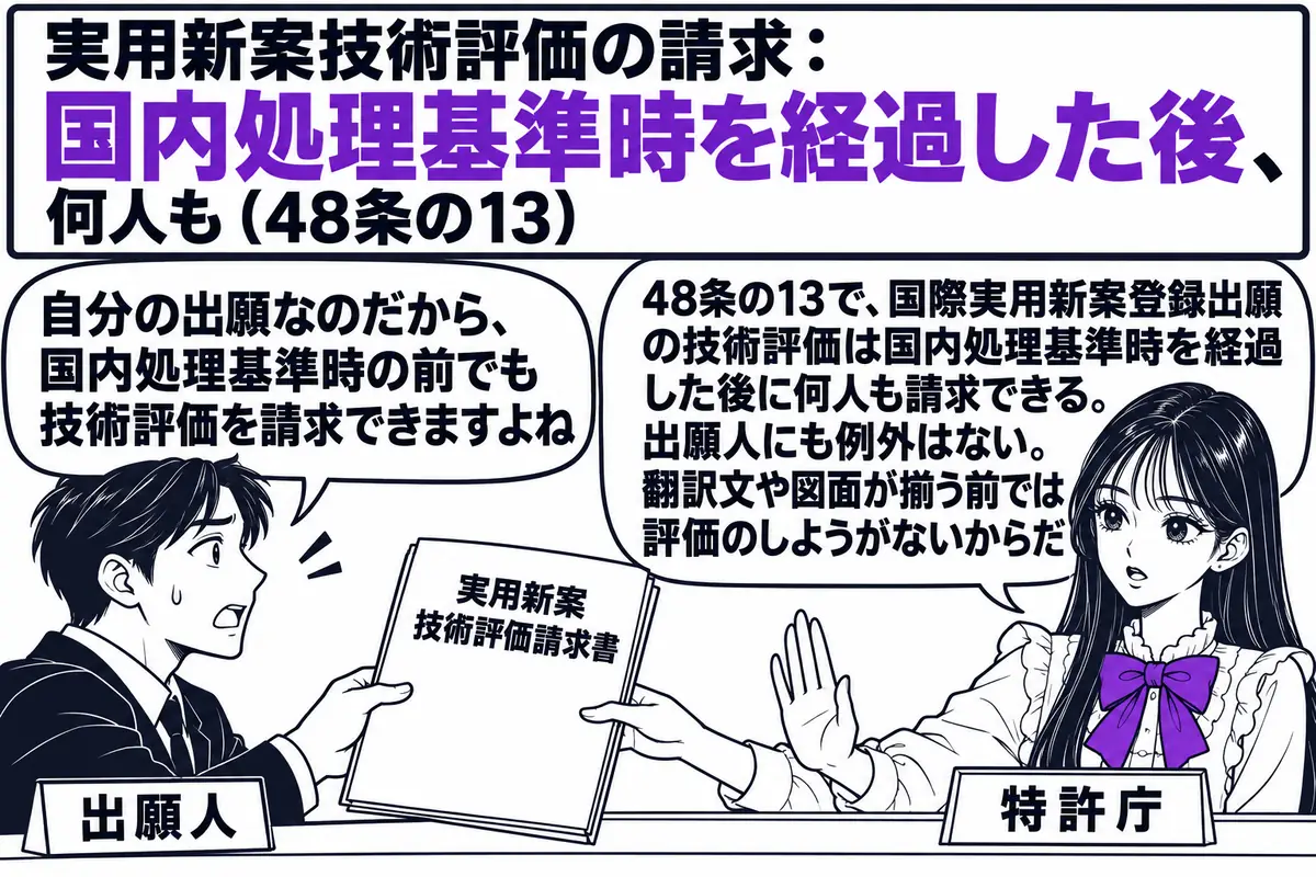 特許庁の受付窓口の場面。先生が窓口担当役（札「特許庁」）でカウンターの内側に座り、「実用新案技術評価請求書」と書かれた書類を受け取ろうとしているが、手で止めている。カウンターの外に出願人の男性（札「出願人」）が立ち、吹き出し「自分の出願なの