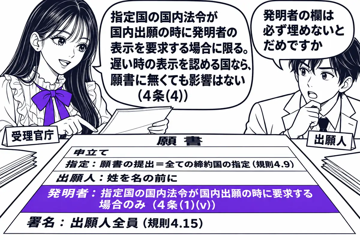 特許庁の受理官庁の窓口で願書を点検する場面。先生が受理官庁の職員役(札「受理官庁」)で「願書」と書かれた一枚の書類を机に広げている。書類の中に上から「申立て」「指定:願書の提出=全ての締約国の指定(規則4.9)」「出願人:姓を名の前に」「発