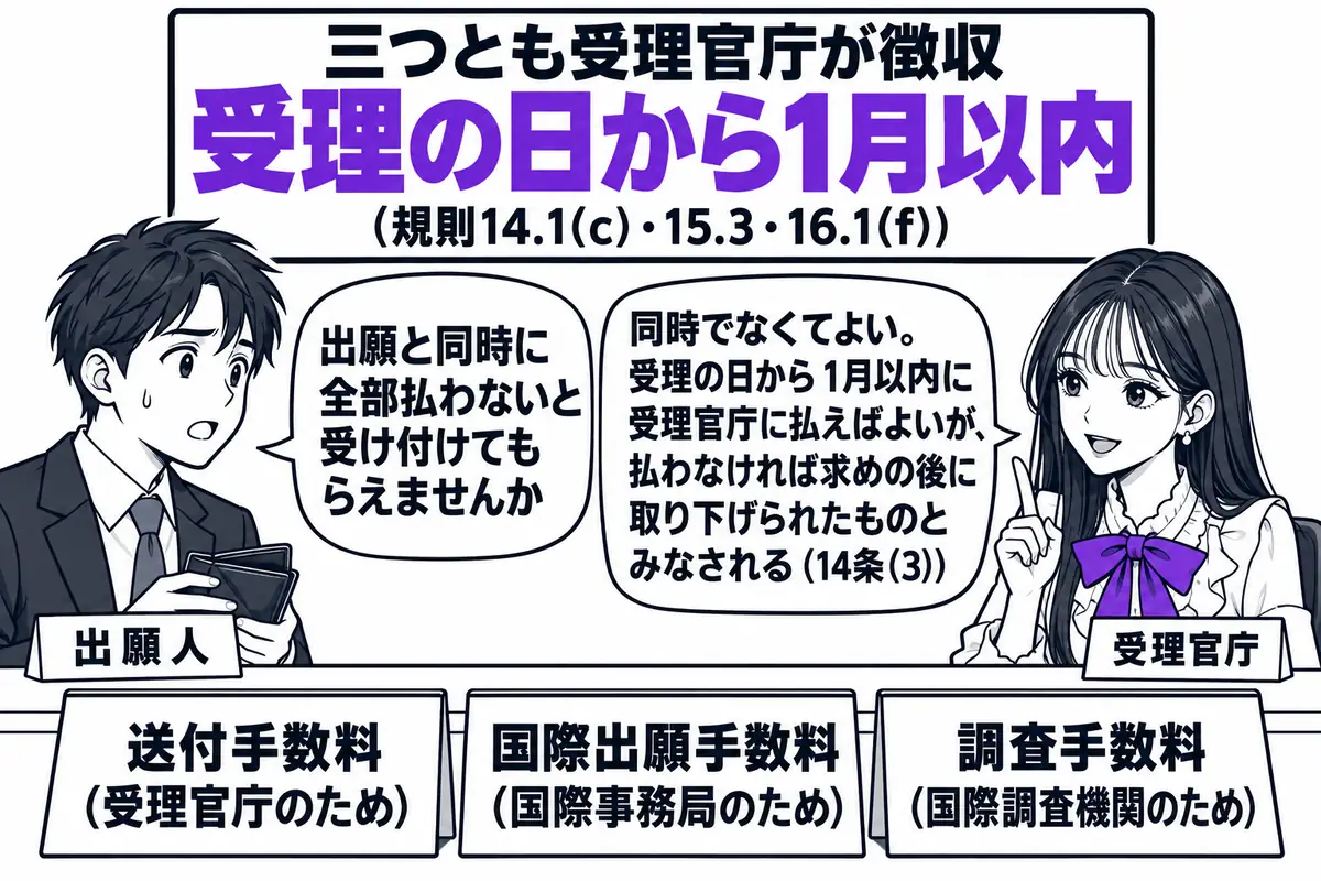 特許庁の受理官庁の会計の窓口の場面。先生が受理官庁の職員役(札「受理官庁」)でカウンターの内側に座り、机の上に三枚の札「送付手数料(受理官庁のため)」「国際出願手数料(国際事務局のため)」「調査手数料(国際調査機関のため)」を並べている。壁