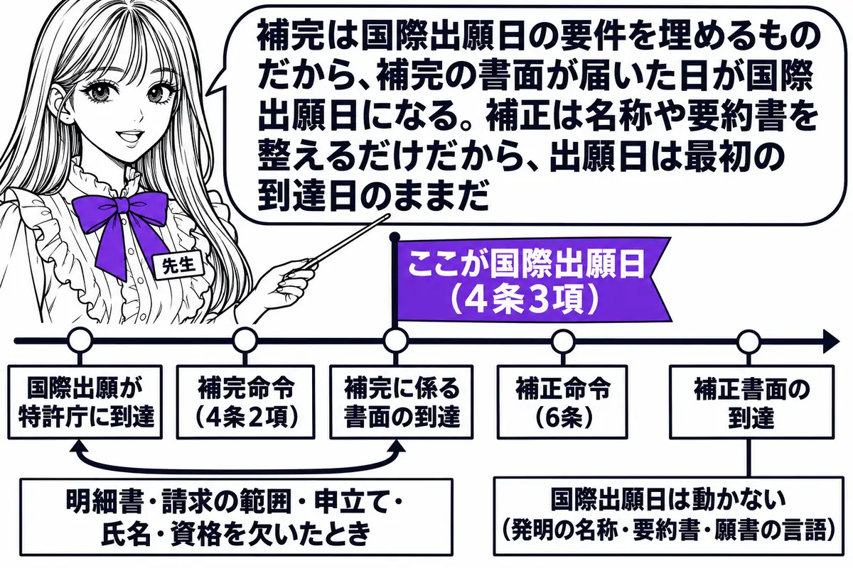 横軸の時系列を中心にした図。先生が先生役（札「先生」）で横軸の上に立ち、指し棒で札を示している。横軸の左から順に札「国際出願が特許庁に到達」「補完命令（4条2項）」「補完に係る書面の到達」「補正命令（6条）」「補正書面の到達」が立つ。「補完