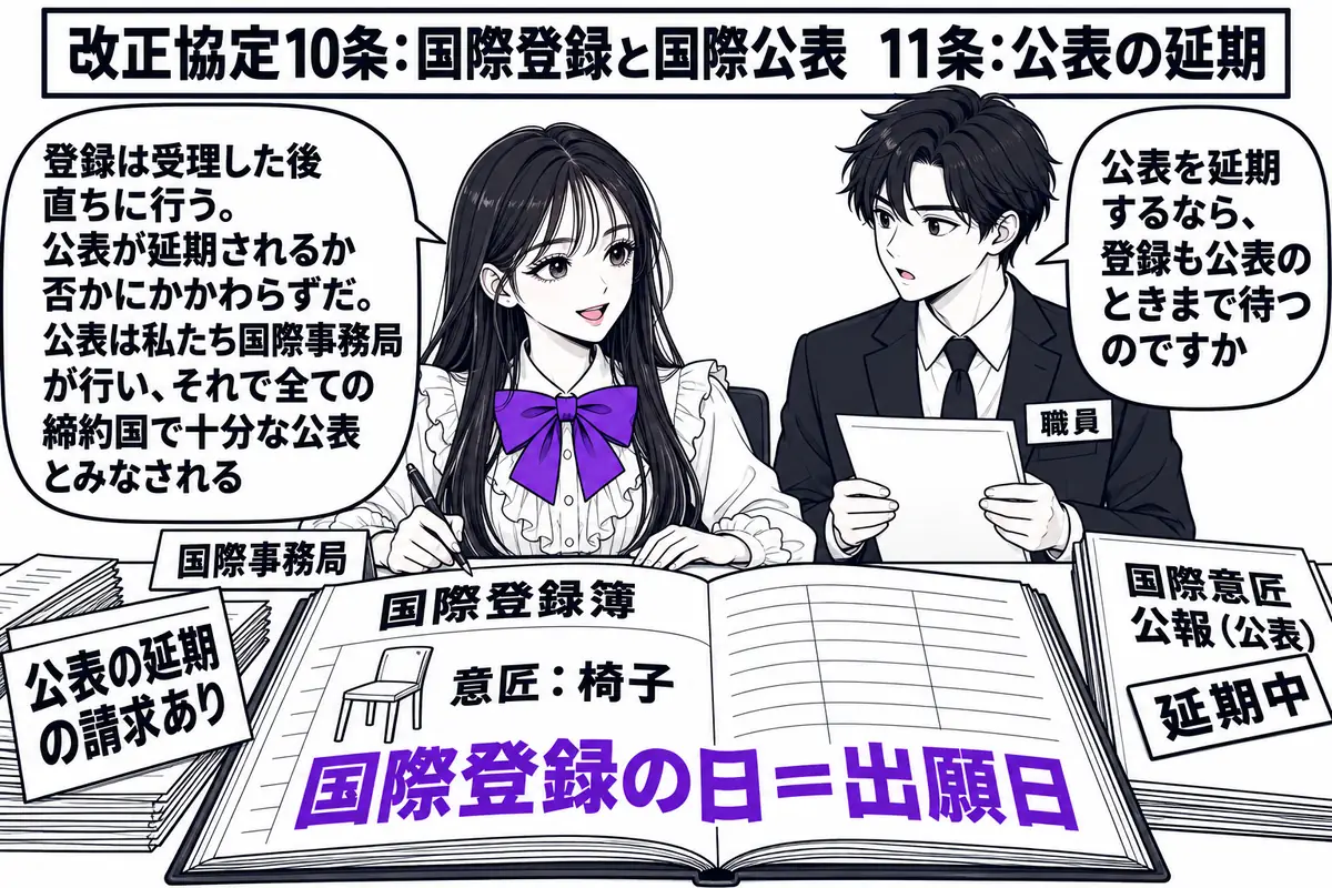ジュネーブの国際事務局の登録室の場面。先生が国際事務局の職員役（札「国際事務局」）で机に座り、「国際登録簿」と書かれた大きな台帳に「意匠：椅子　国際登録の日＝出願日」と記入している。机の脇に「公表の延期の請求あり」と書かれた札の付いた願書と