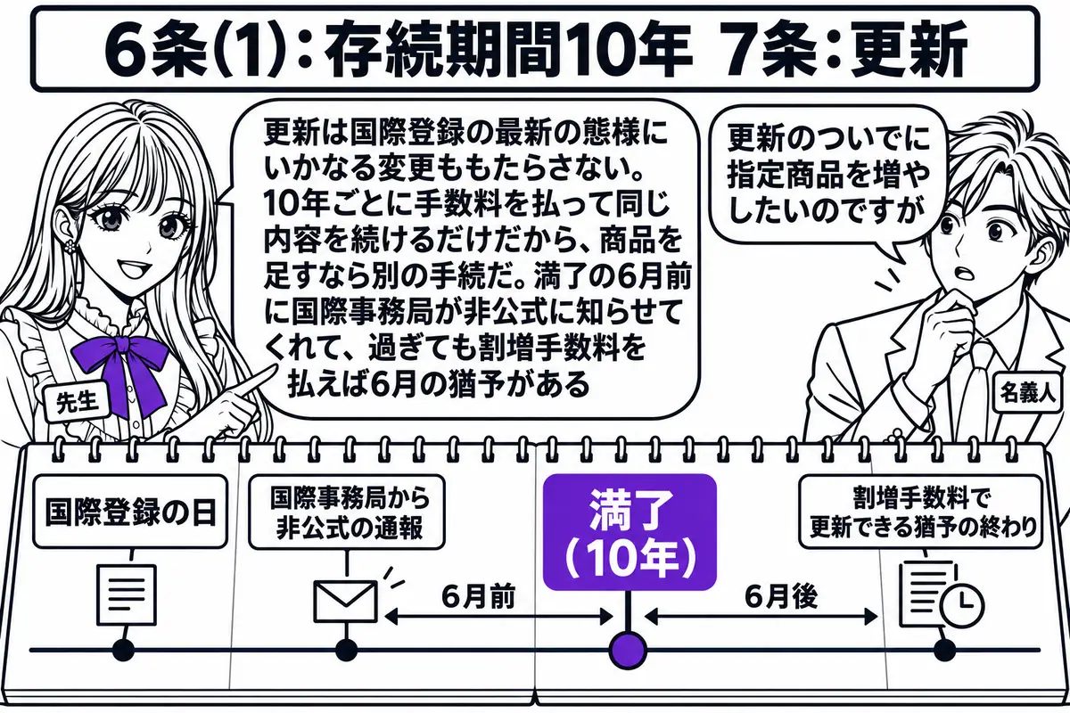 商標事務所の相談室の場面。先生が先生役（札「先生」）で机にカレンダーを広げ、カレンダーには「国際登録の日」「満了（10年）」の印と、その6月前に「国際事務局から非公式の通報」、満了の6月後に「割増手数料で更新できる猶予の終わり」の印が付いて
