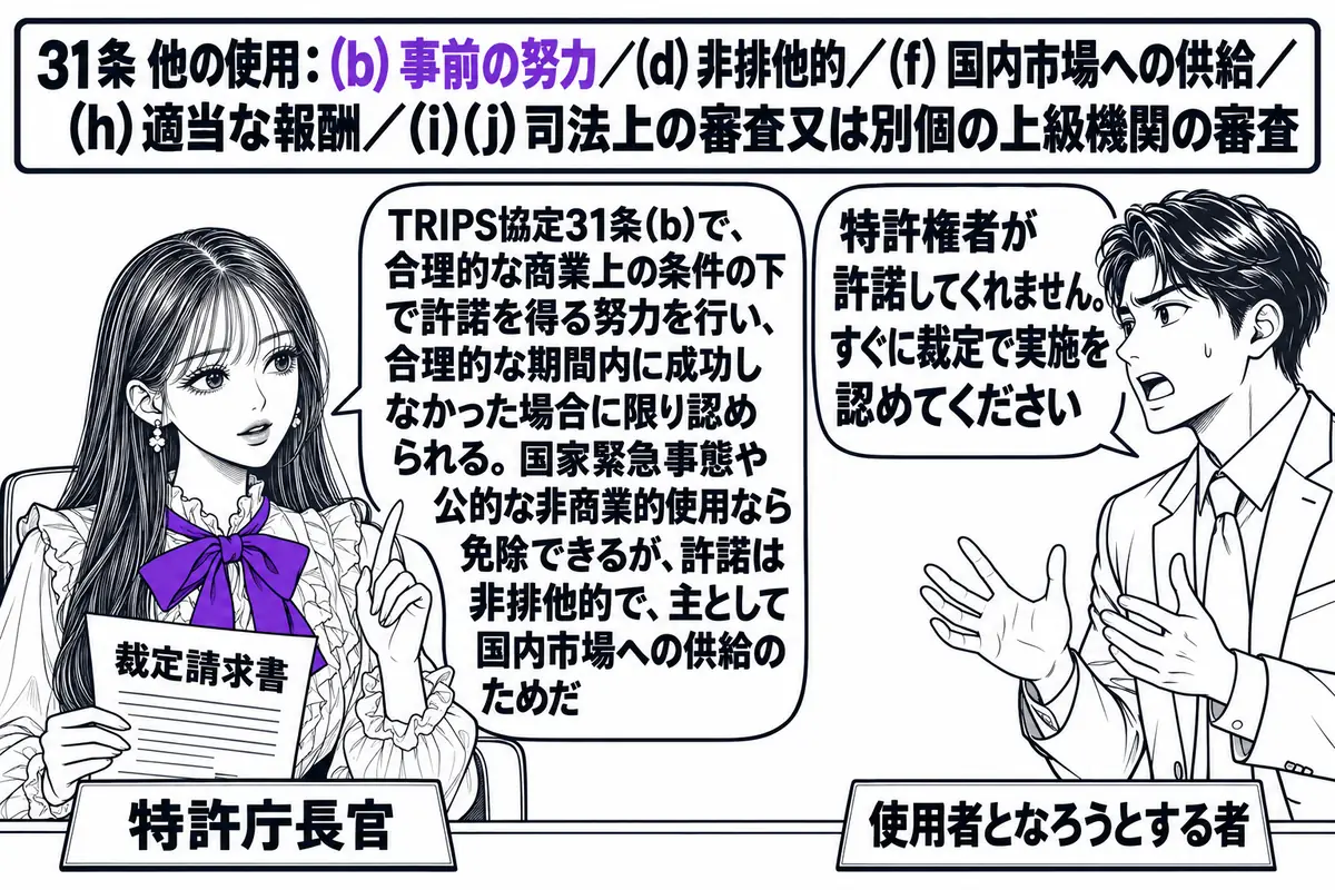 特許庁の裁定の審議室の場面。先生が特許庁長官役（札「特許庁長官」）で机に座り、「裁定請求書」と書かれた書類を手にしている。向かいに製薬会社の担当者の男性（札「使用者となろうとする者」）が立ち、吹き出し「特許権者が許諾してくれません。すぐに裁