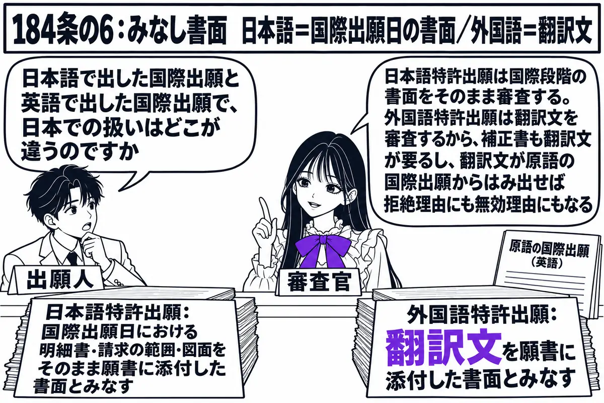 特許庁の審査室の場面。先生が審査官役（札「審査官」）で机に座り、左右に2つの書類の山を置いている。左の山の札「日本語特許出願：国際出願日における明細書・請求の範囲・図面をそのまま願書に添付した書面とみなす」、右の山の札「外国語特許出願：翻訳
