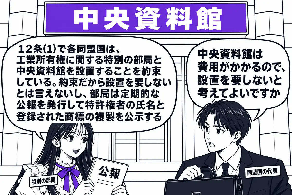 特許庁の建物の前の場面。先生が特許庁の職員役（札「特別の部局」）で入口に立ち、手に「公報」と書かれた冊子を持っている。建物の入口の上に看板「中央資料館」。向かいに書類かばんを持った男性（札「同盟国の代表」）が立ち、吹き出し「中央資料館は費用