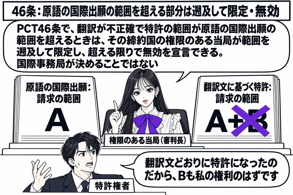 特許庁の審判廷の場面。先生が審判長役（札「権限のある当局（審判長）」）で壇に座り、左右に2冊の書類を並べている。左の書類に「原語の国際出願：請求の範囲 A」、右の書類に「翻訳文に基づく特許：請求の範囲 A＋B」の文字。右の書類の「＋B」の部