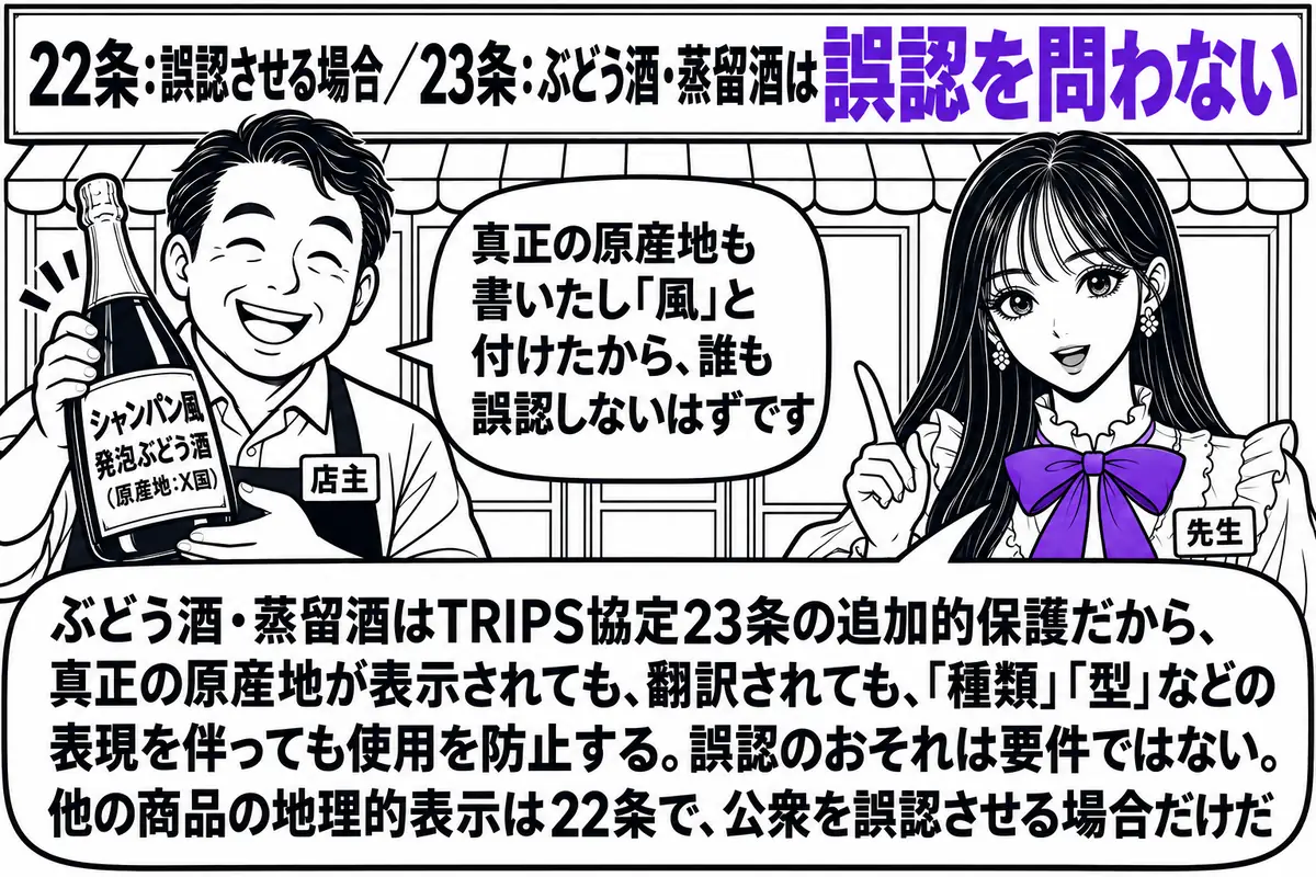 ワインショップの店先の場面。先生が先生役（札「先生」）で店の前に立つ。店主の男性（札「店主」）が「シャンパン風 発泡ぶどう酒（原産地：X国）」と書かれたラベルの瓶を掲げ、吹き出し「真正の原産地も書いたし「風」と付けたから、誰も誤認しないはず