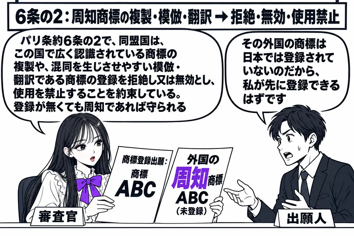 特許庁の審査室の場面。先生が審査官役（札「審査官」）で机に座り、左に「商標登録出願：商標 ABC」と書かれた願書、右に「外国の周知商標 ABC（未登録）」と書かれた資料を並べて見比べている。向かいに出願人の男性（札「出願人」）が立ち、吹き出