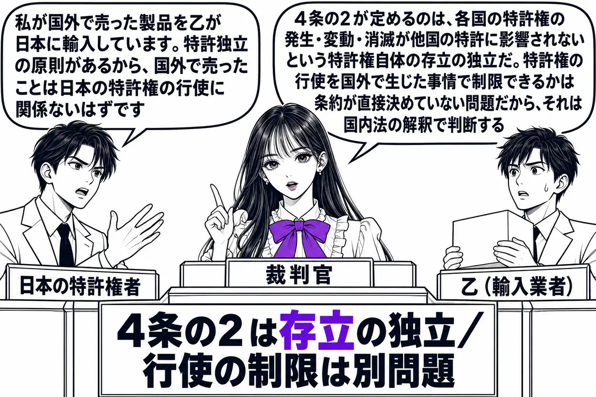 裁判所の法廷の場面。先生が裁判官役（札「裁判官」）で法壇に座っている。原告席に男性（札「日本の特許権者」）が立ち、吹き出し「私が国外で売った製品を乙が日本に輸入しています。特許独立の原則があるから、国外で売ったことは日本の特許権の行使に関係