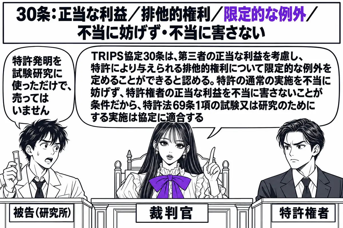 裁判所の法廷の場面。先生が裁判官役（札「裁判官」）で法壇に座る。被告席に研究者の男性（札「被告（研究所）」）が試験管を持って立ち、吹き出し「特許発明を試験研究に使っただけで、売ってはいません」。原告席に特許権者の男性（札「特許権者」）。先生