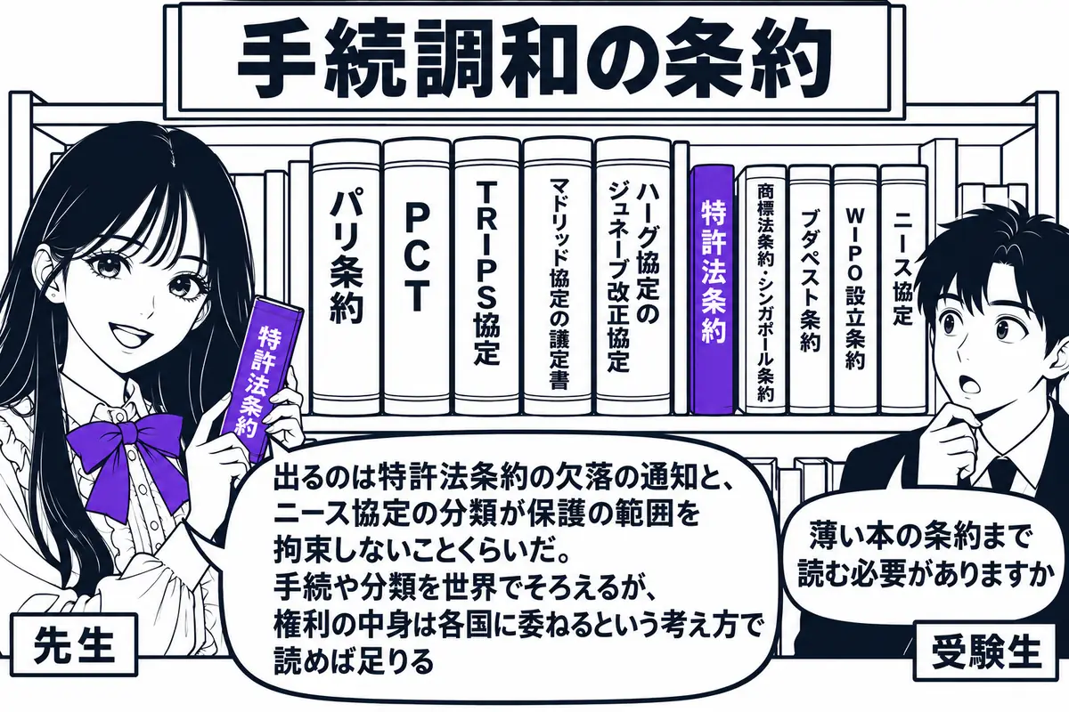 法律事務所の書庫の場面。先生が先生役（札「先生」）で本棚の前に立ち、本棚には背表紙に「パリ条約」「PCT」「TRIPS協定」「マドリッド協定の議定書」「ハーグ協定のジュネーブ改正協定」と書かれた太い本が並び、その端に薄い本が5冊「特許法条約