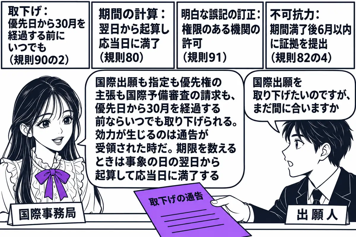 国際事務局の窓口の場面。先生が国際事務局の職員役(札「国際事務局」)でカウンターの内側に座り、壁に4枚の掲示が並んでいる。掲示はそれぞれ「取下げ:優先日から30月を経過する前にいつでも(規則90の2)」「期間の計算:翌日から起算し応当日に満