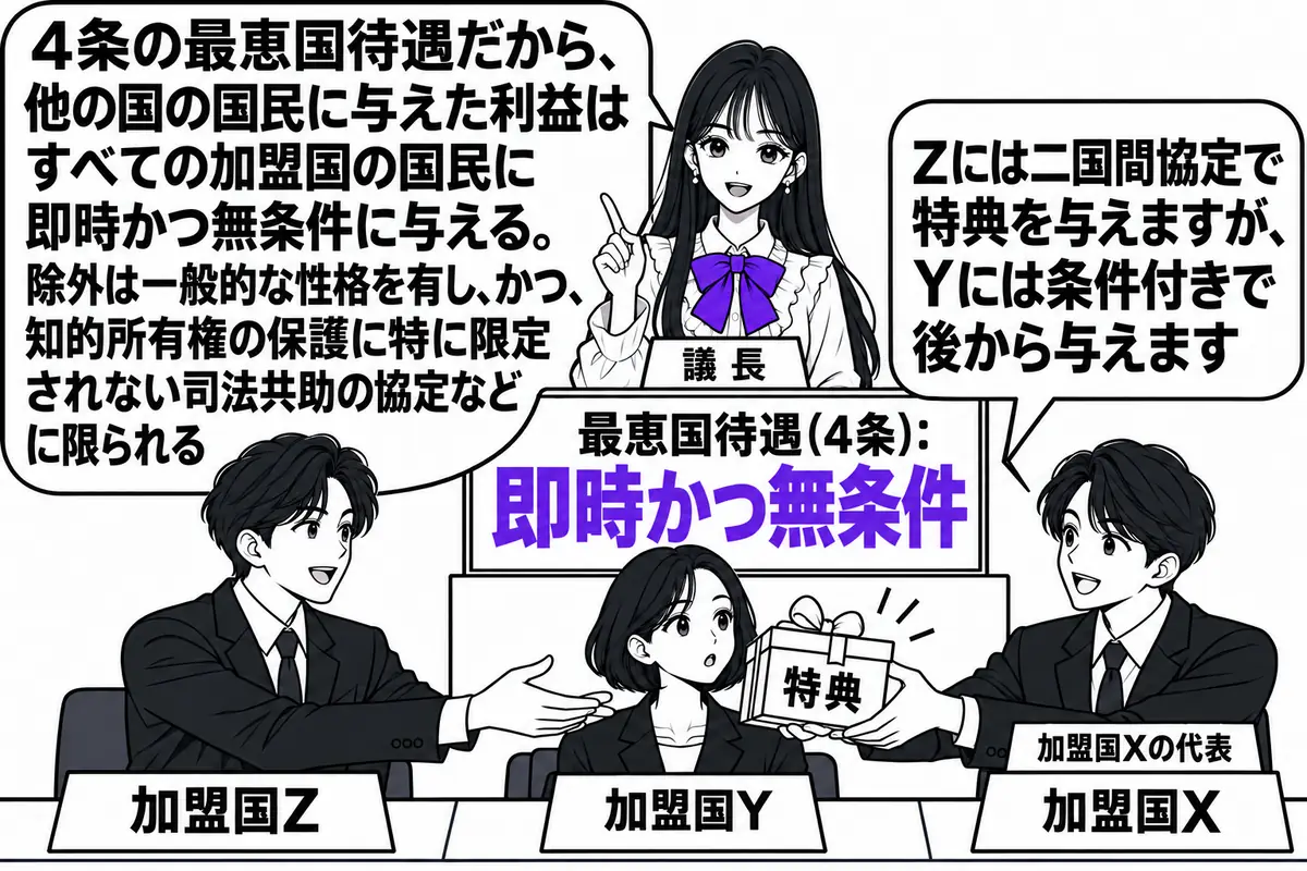 国際会議場の場面。先生が議長役（札「議長」）で演壇に立ち、前に三つの国旗の代わりに札「加盟国X」「加盟国Y」「加盟国Z」を置いた席が並ぶ。加盟国Xの席の代表の男性（札「加盟国Xの代表」）が加盟国Zの席へ「特典」と書かれた包みを渡しながら、吹