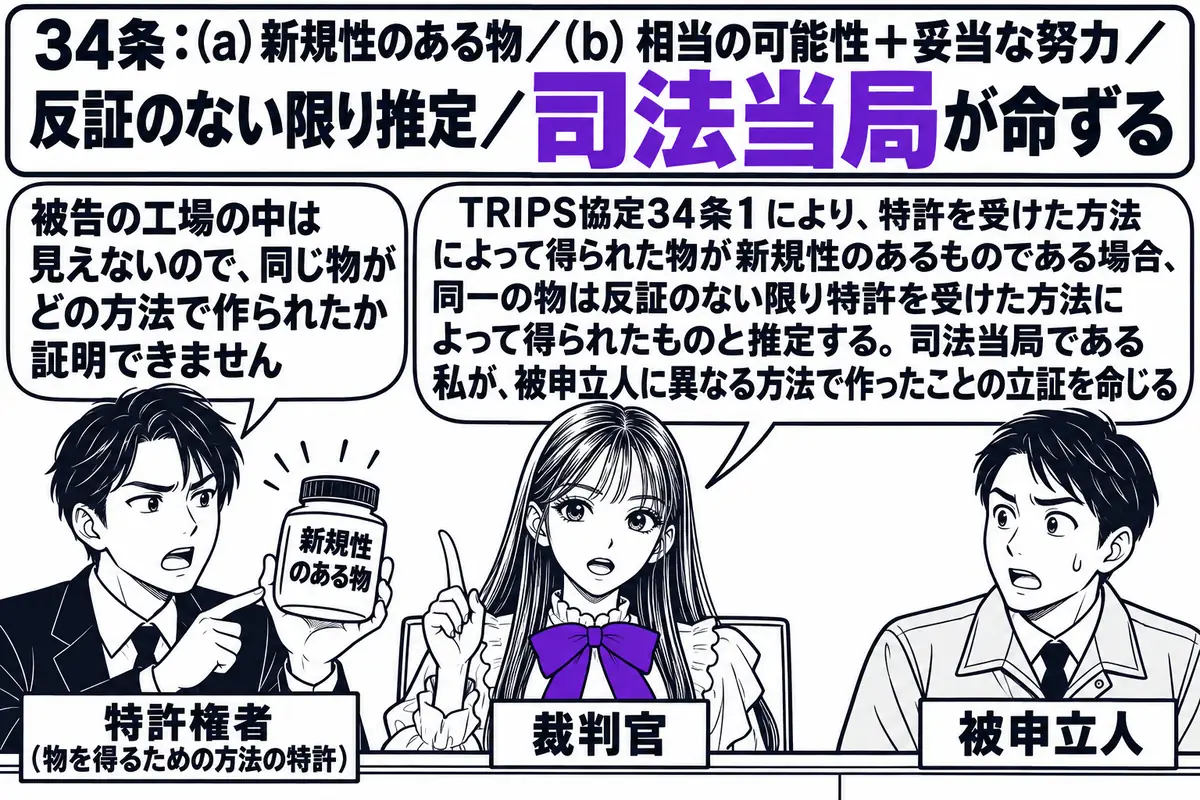 裁判所の法廷の場面。先生が裁判官役（札「裁判官」）で法壇に座る。原告席に特許権者の男性（札「特許権者（物を得るための方法の特許）」）が「新規性のある物」と書かれた製品を掲げ、吹き出し「被告の工場の中は見えないので、同じ物がどの方法で作られた