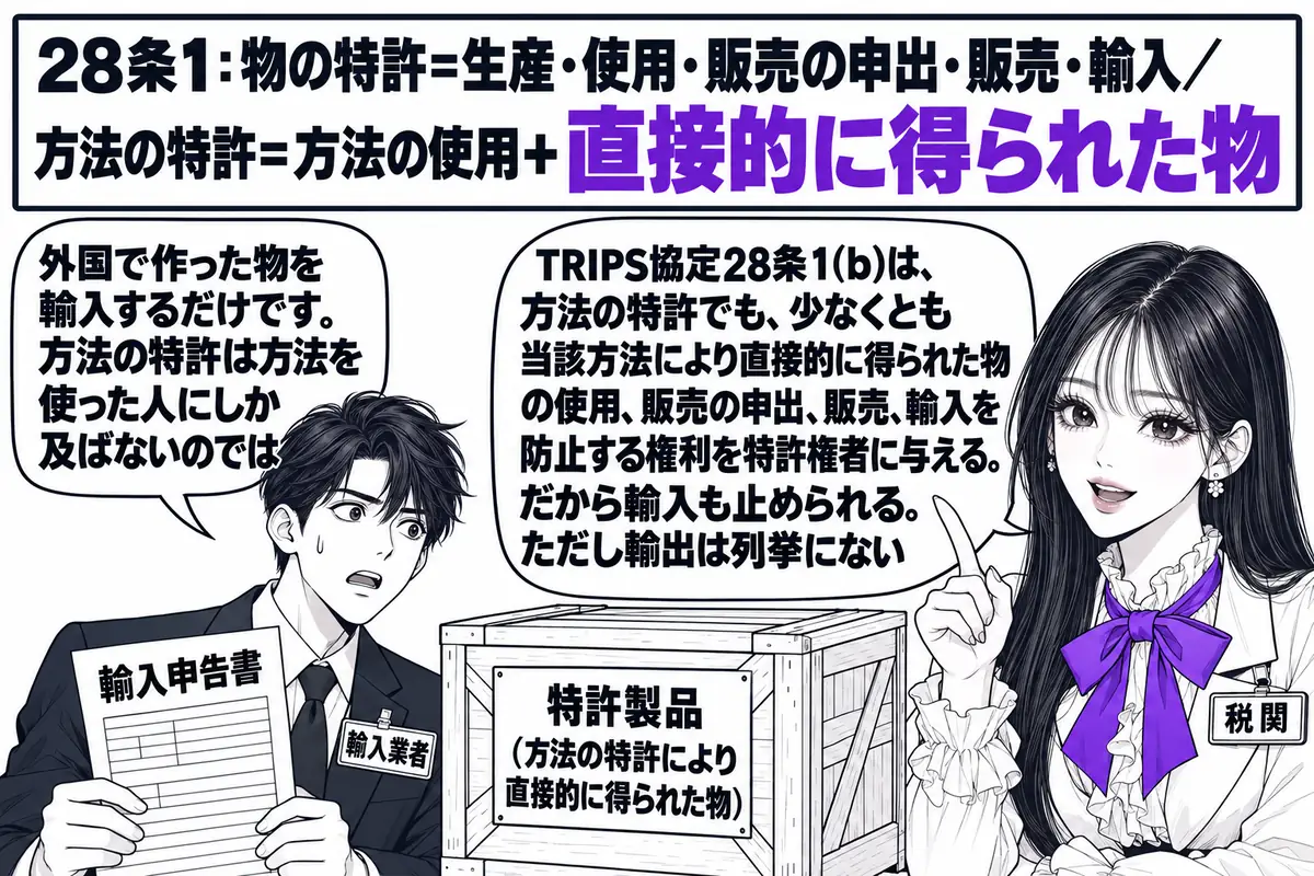 港の税関の倉庫の場面。先生が税関職員役（札「税関」）で、「特許製品（方法の特許により直接的に得られた物）」と書かれた木箱の前に立つ。左に輸入業者の男性（札「輸入業者」）が輸入申告書を持ち、吹き出し「外国で作った物を輸入するだけです。方法の特