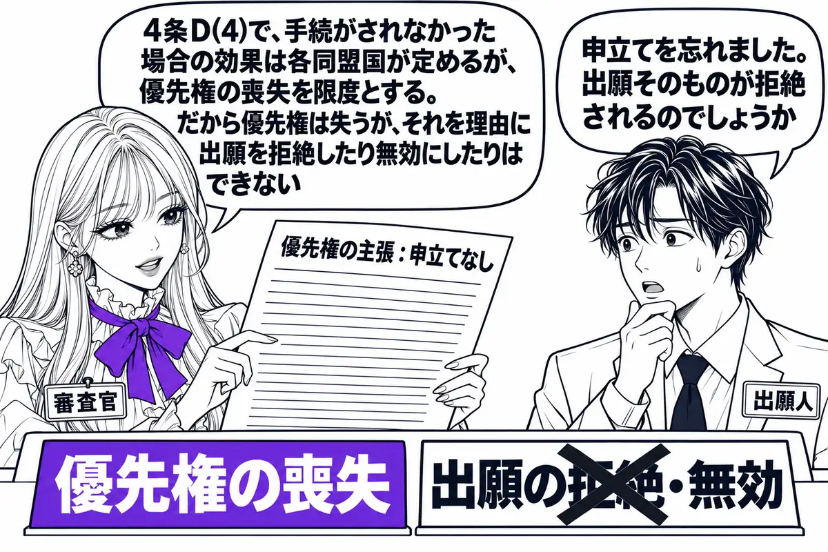 特許庁の審査室の場面。先生が審査官役（札「審査官」）で机に座り、「優先権の主張：申立てなし」と書かれた願書を見ている。机の上に「優先権の喪失」と書かれた札と、×印が重なった「出願の拒絶・無効」と書かれた札が並んでいる。向かいに出願人の男性（
