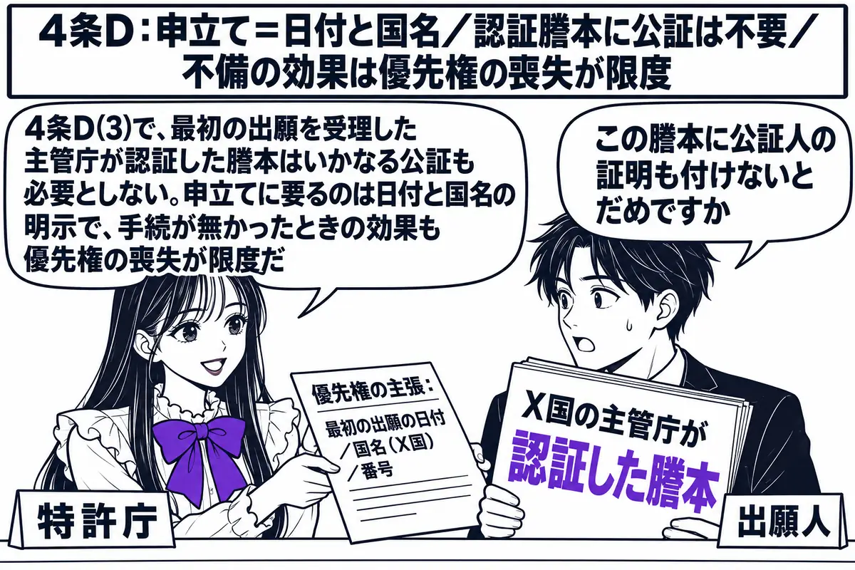 日本の特許庁の出願窓口の場面。先生が窓口の職員役（札「特許庁」）でカウンターの内側に座り、願書を受け取っている。願書には「優先権の主張：最初の出願の日付／国名（X国）／番号」と書かれている。カウンターの外に出願人の男性（札「出願人」）が立ち