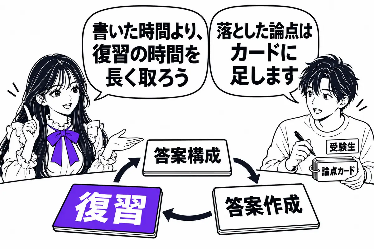 論文式は答案構成・答案作成・復習を1セットで回し、書いた時間より復習の時間を長く取る