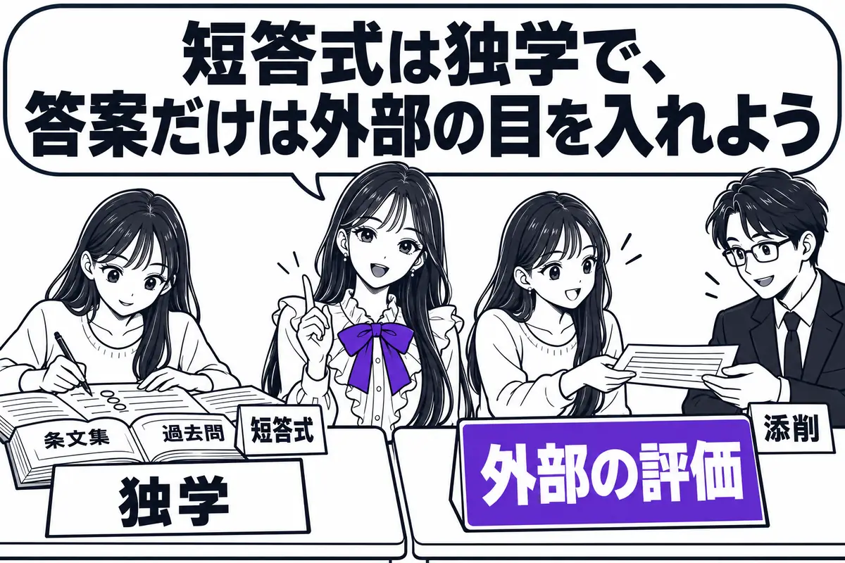 短答式は条文と過去問で独学でも到達度を測れるが、論文式の答案は外部の添削を使うと時間が膨らみにくい
