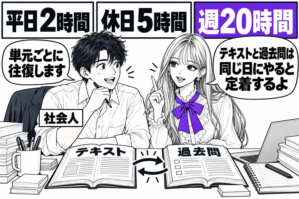 平日2時間・休日5時間で週20時間を確保し、テキストと過去問は同じ日に往復する