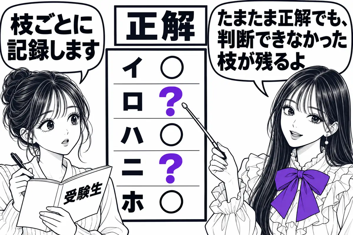 過去問は問題単位でなく枝ごとに正誤を記録し、判断できなかった枝だけを繰り返す