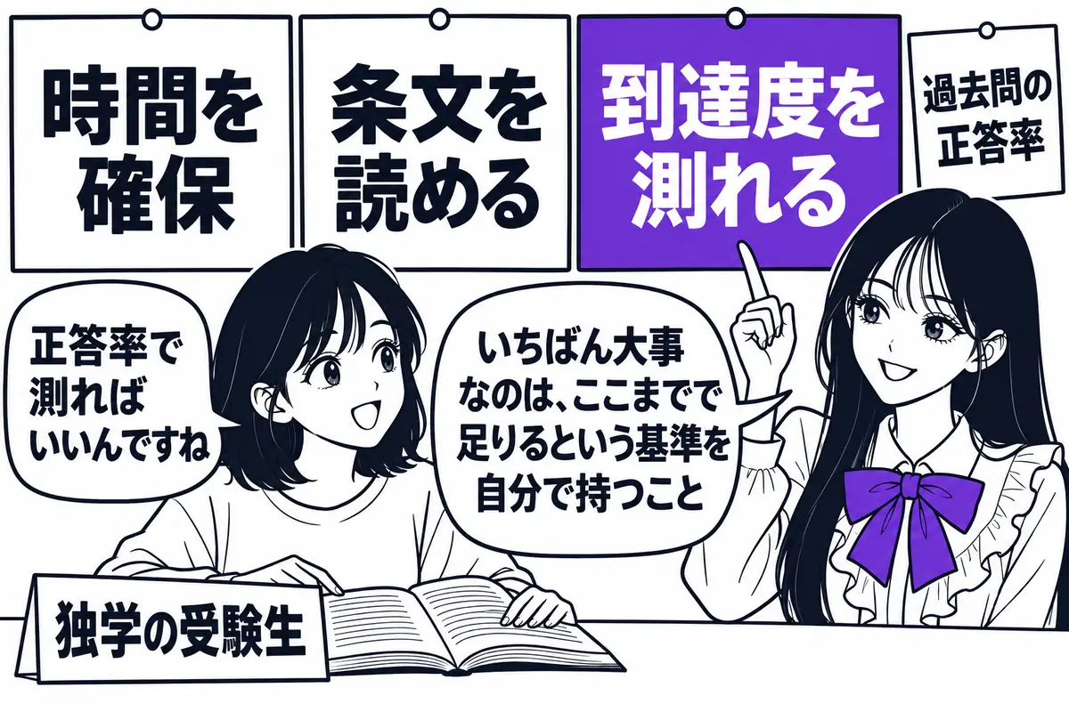 独学で短答式に受かるには、時間の確保、条文を自分で読む力、到達水準の自己判定の3つがそろうこと