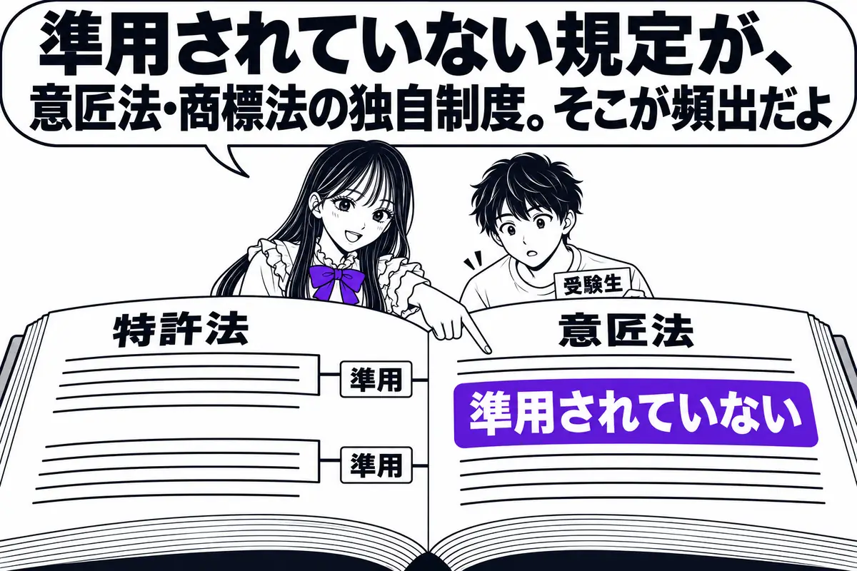 意匠法・商標法は特許法を多く準用しており、準用されていない規定こそ独自制度で頻出の論点になる