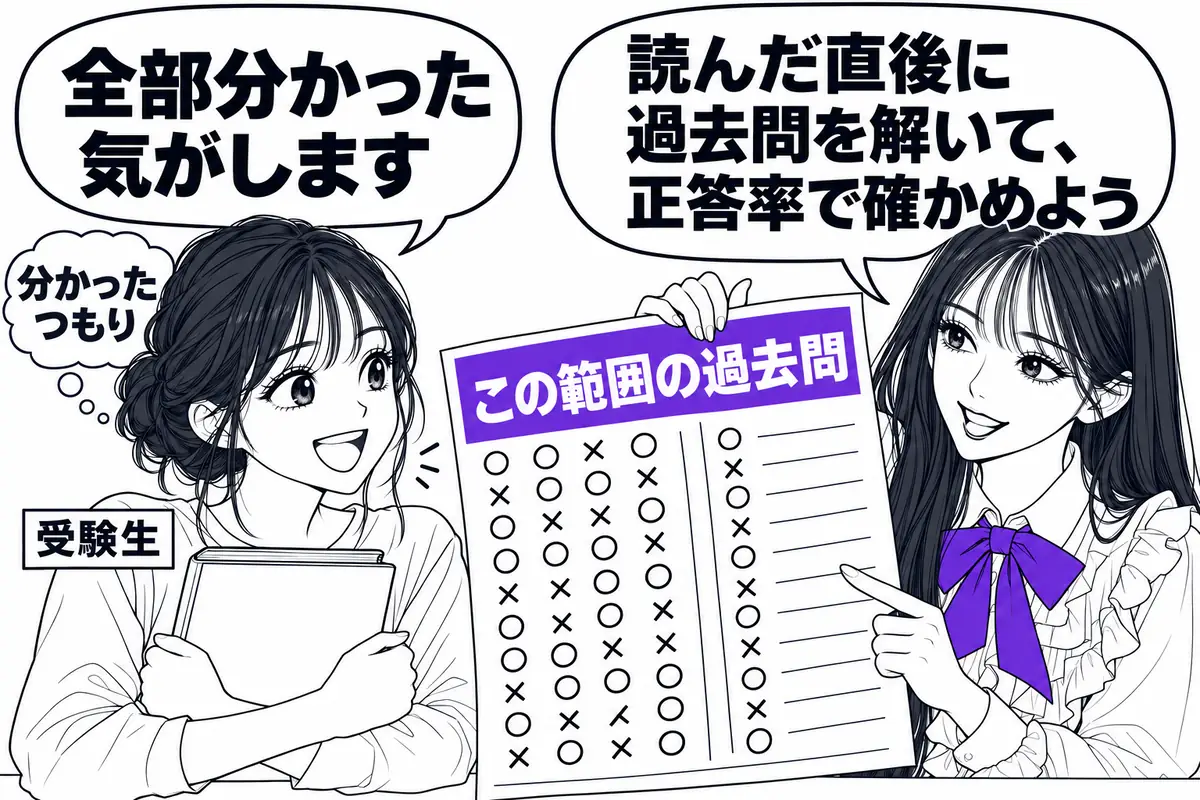 テキストを読んだ直後にその範囲の過去問を解き、分かったつもりを正答率で確かめる