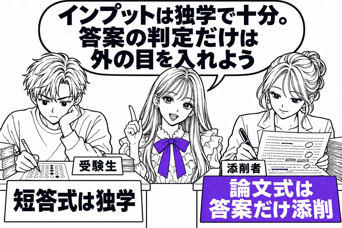 短答式は独学で通し、論文式は答案練習だけ予備校の答練や添削を使う組み合わせが現実的