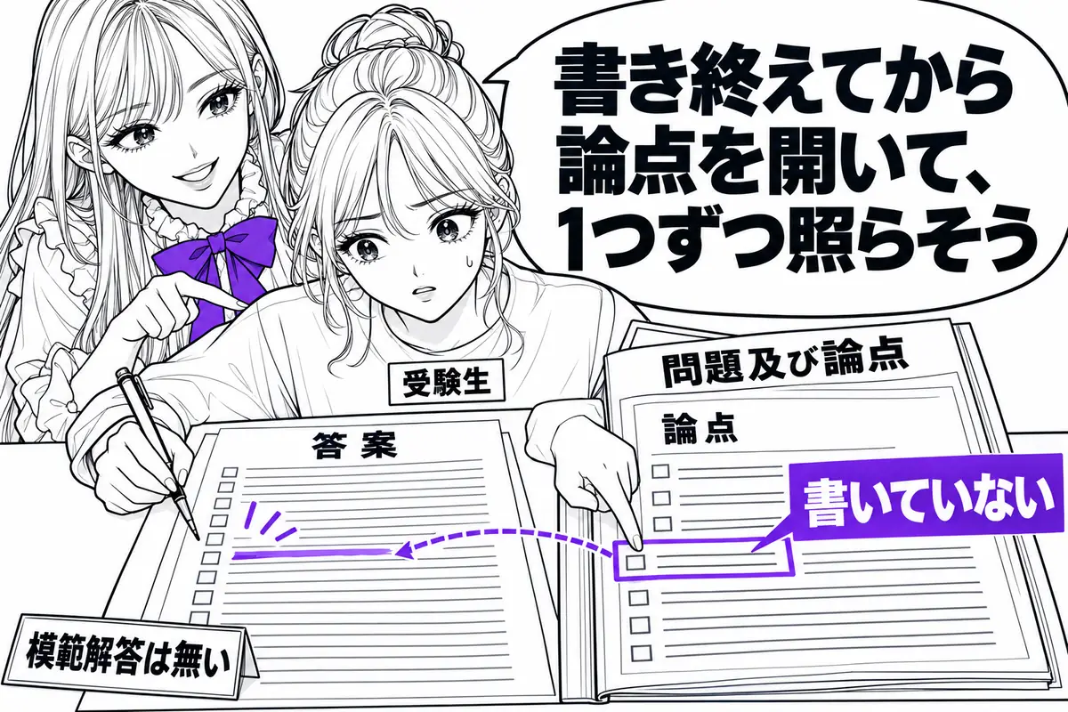 特許庁が公表する論文式の論点を、書き終えた自分の答案と1つずつ照らして論点落としを見つける