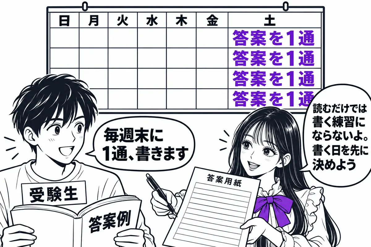 答案例を読むだけでは書く練習にならないので、毎週末に1通のように書く日を先に決める