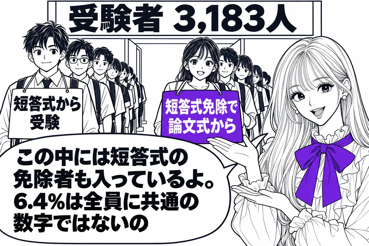 受験者数には短答式の免除者も含まれるので、全体の6.4%は短答式を初めて受ける人の合格率とは違う