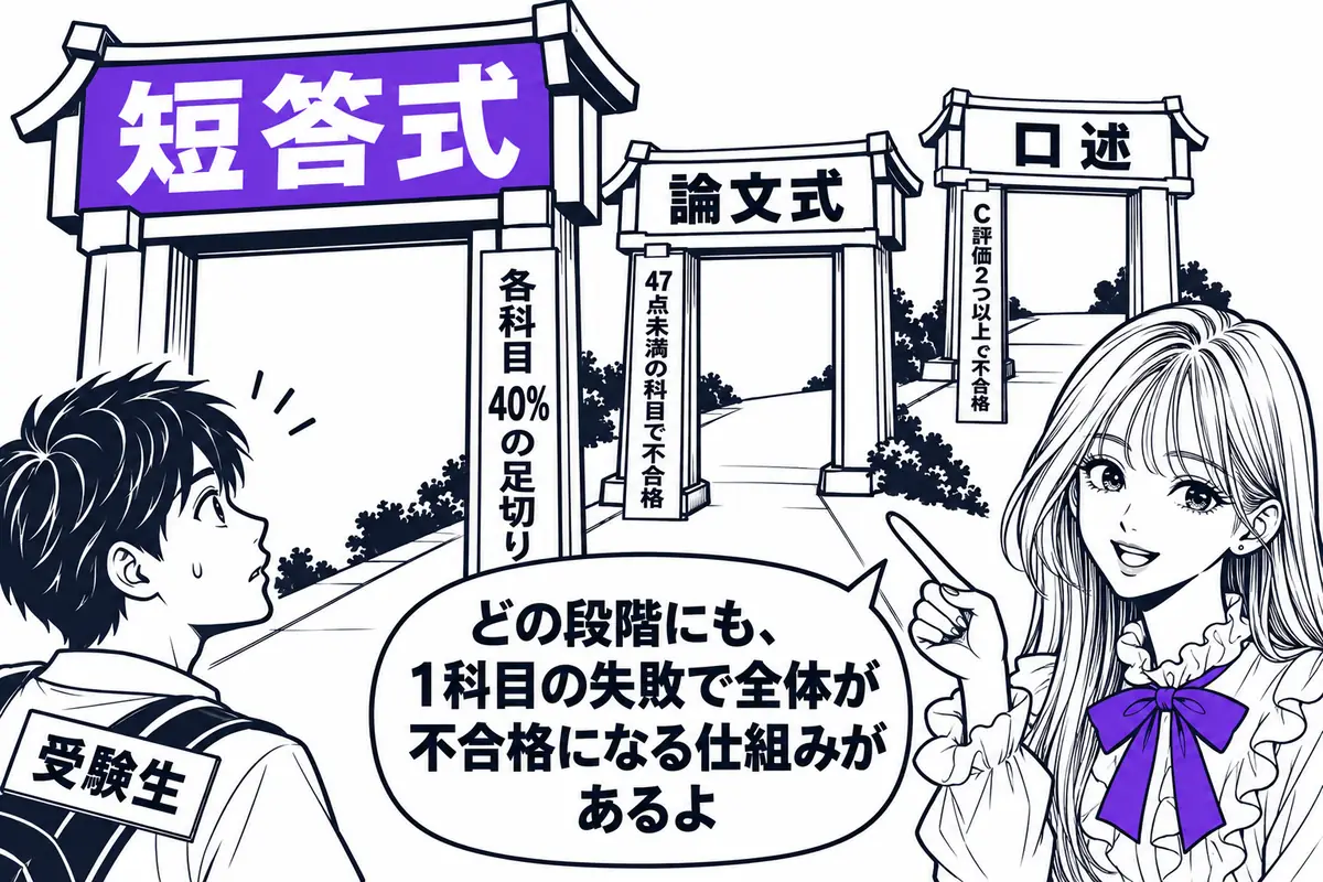 短答式・論文式・口述の3つの段階すべてに、1科目の失敗で全体が不合格になる仕組みがある