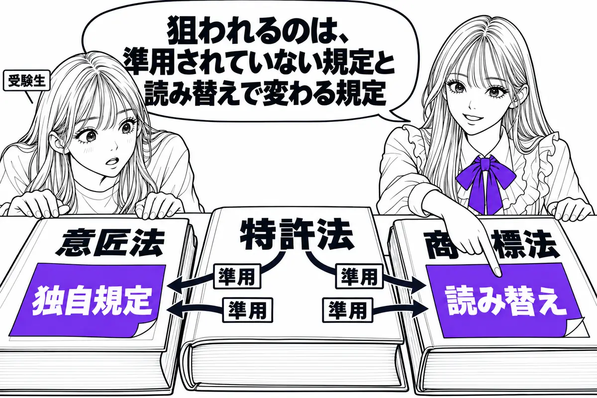 意匠法・商標法は特許法の規定を大量に準用していて、短答式は準用されていない規定と読み替えで要件が変わる規定を狙う