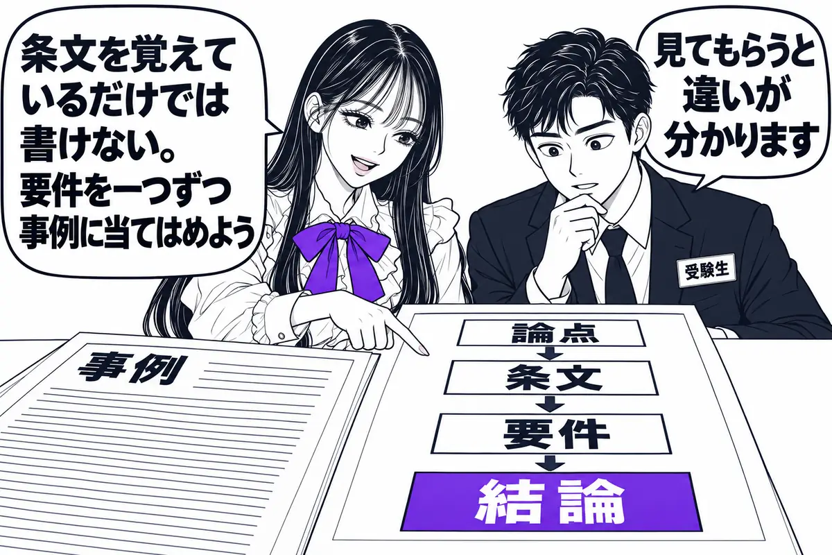 論文式では事例に条文の要件を一つずつ当てはめて結論を導く力が問われ、答案を人に見てもらう経験が欠かせない
