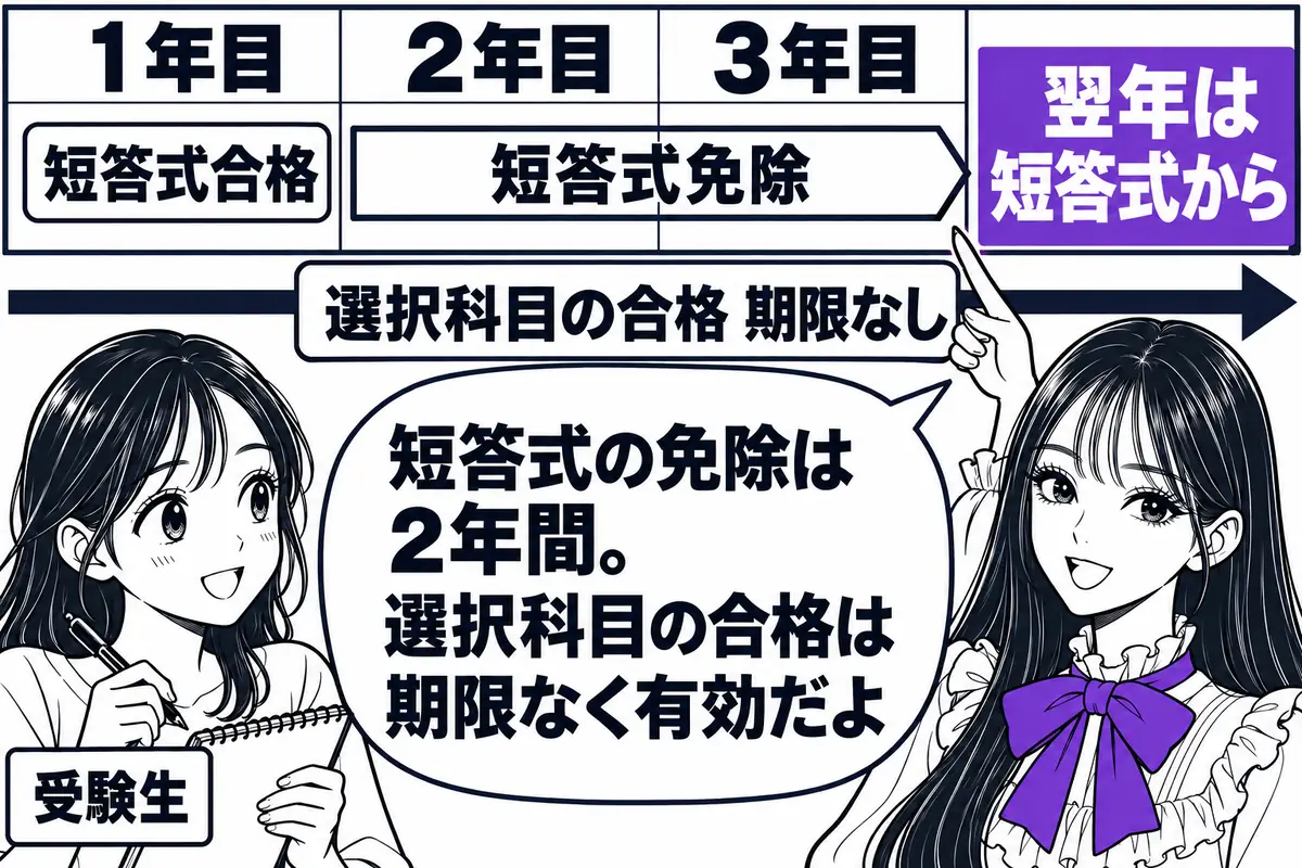 短答式の免除には2年の期限があり、選択科目の合格は期限なく有効なので、免除の期限を並べて計画を立てる