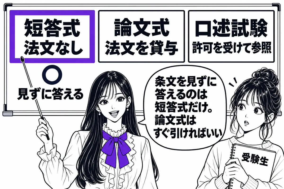 条文を見ずに答える必要があるのは短答式だけで、論文式は法文が貸与され、口述は許可を受けて参照できる