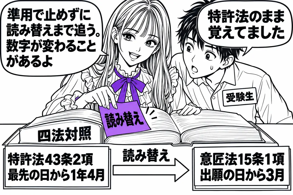 準用される条文は読み替えで数字が変わることがあり、パリ優先権の証明書類は意匠・商標では出願の日から3月になる