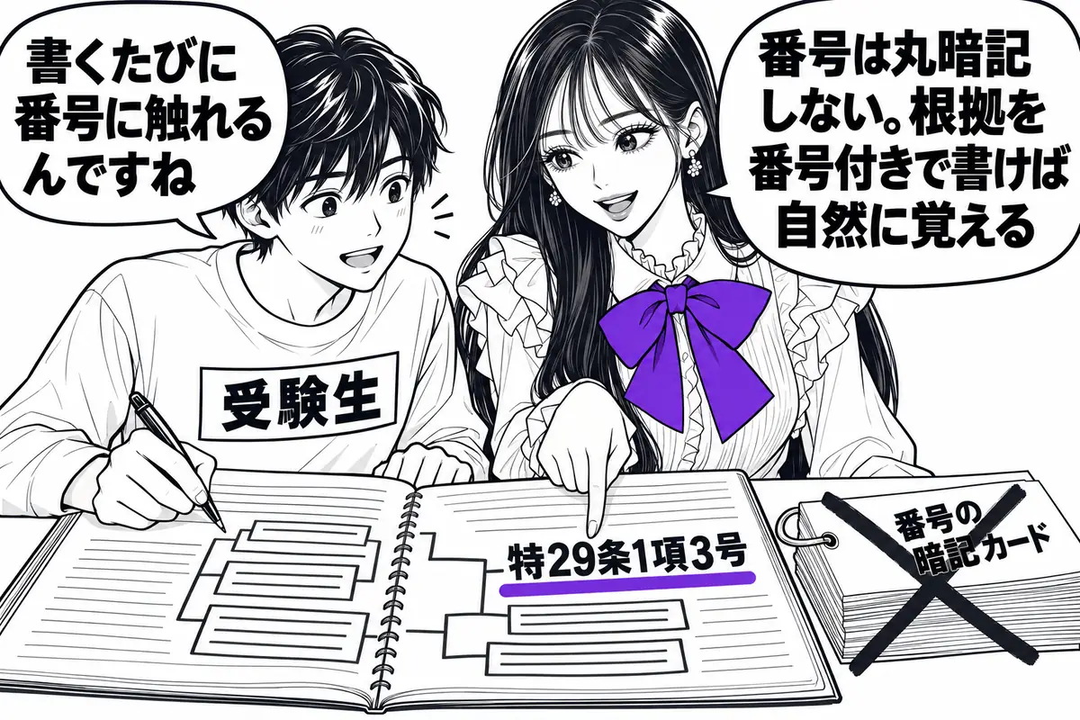 条文番号は丸暗記せず、過去問の根拠を番号付きで書くうちに頻出の番号を自然に覚える