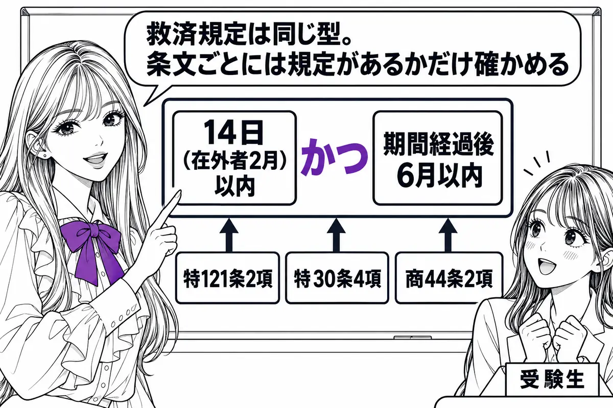 救済規定は「理由がなくなった日から14日(在外者2月)以内、かつ期間経過後6月以内」の型でまとめて覚える