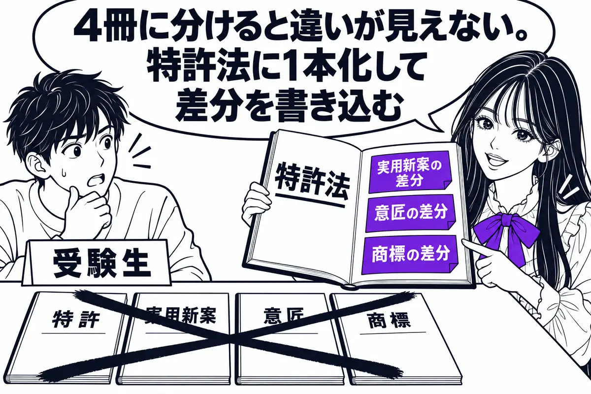 4法を別々のノートにまとめず、特許法に1本化して3法は差分だけを書き込む