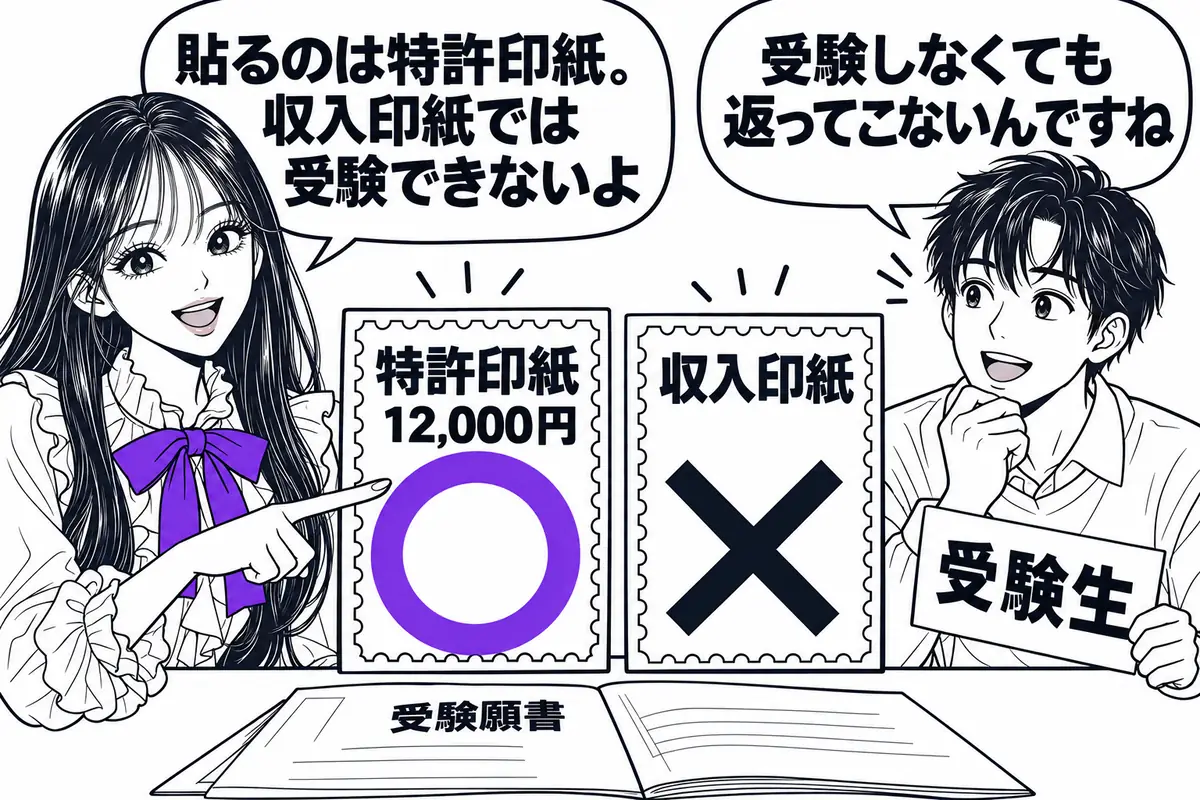 受験手数料12,000円は特許印紙を願書に貼って納め、収入印紙は使えない