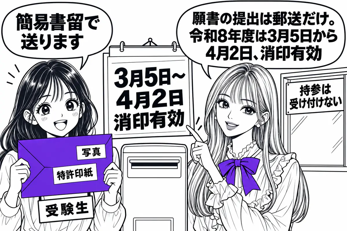 願書は郵送でだけ提出でき、令和8年度の受付は3月5日から4月2日（消印有効）