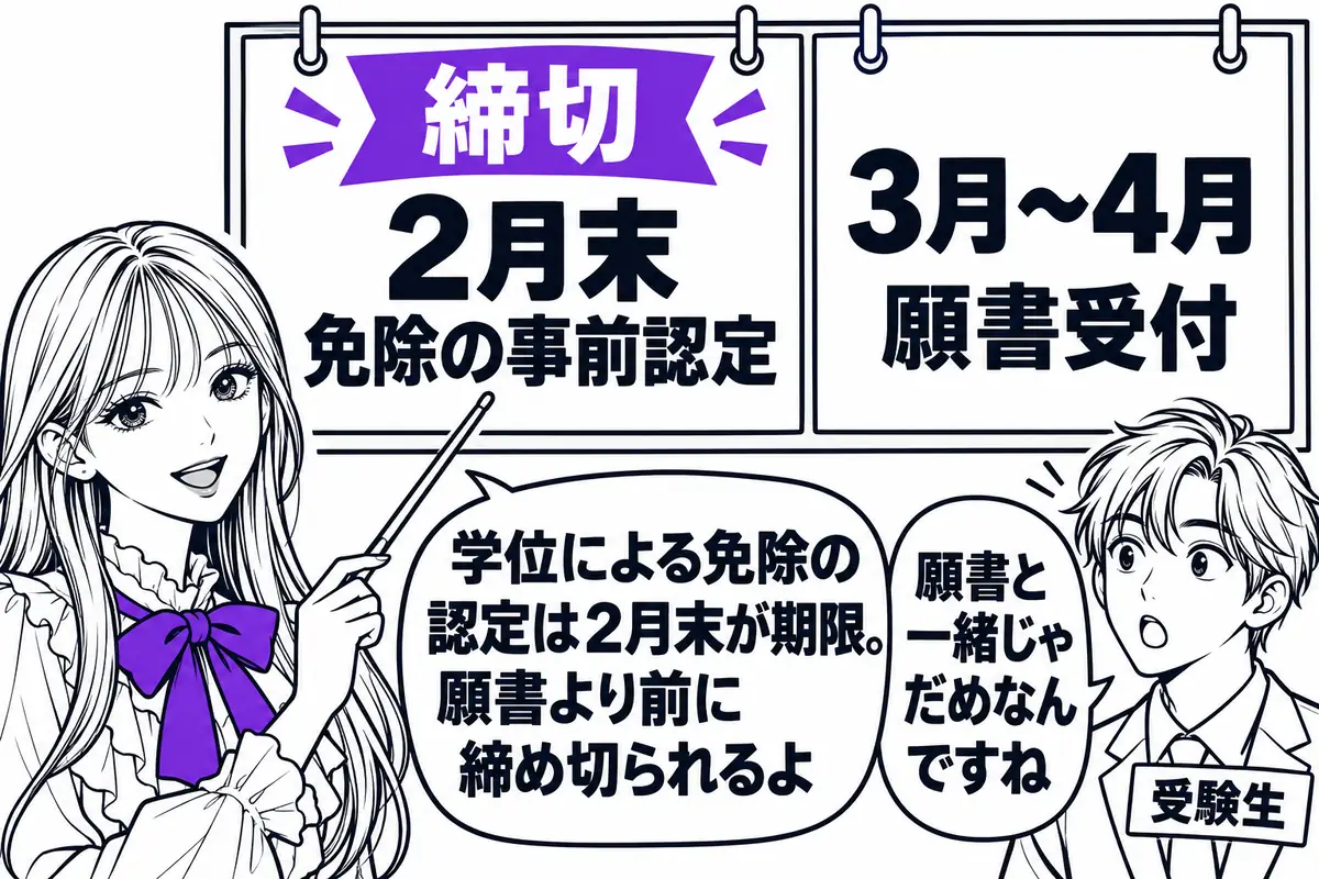 学位による選択科目免除の事前認定は例年2月末が期限で、願書の受付より前に締め切られる