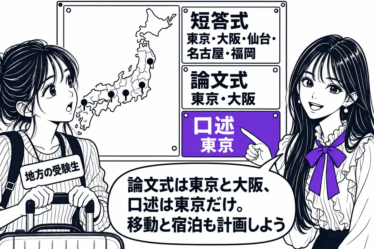 短答式は5都市、論文式は東京・大阪、口述は東京だけで行われるので、地方の受験生は移動と宿泊も計画する